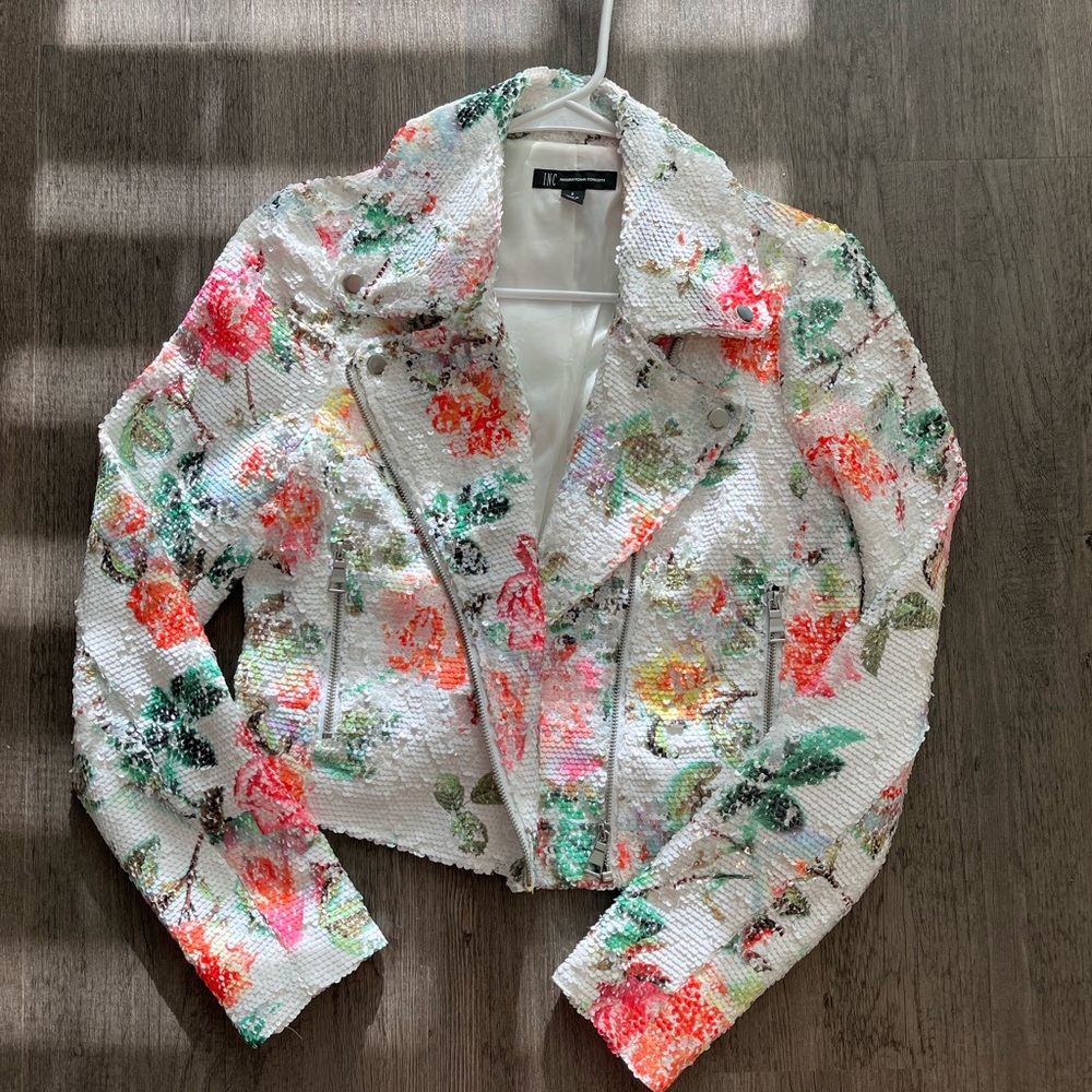 INC Floral Print Sequin Moto Jacket. Size Small. Great condition!